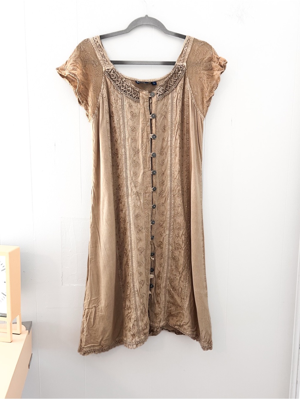 Vintage C. Cline Embroidered Boho Button Front Tie Back Dress Size L